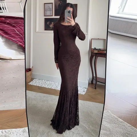 Elegant Lace Shawl Mermaid Dress Women Autumn Winter Slim Fit Round Neck Bodycon Long Fish Tail Evening Banquet Party Maxi Gown