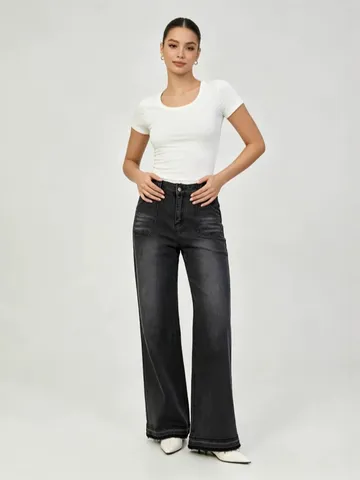 Women Distressed Stretch Straight Leg Jeans High Waist Frayed Hem Front Patch Pocket Denim Pants Washed Streetwear
