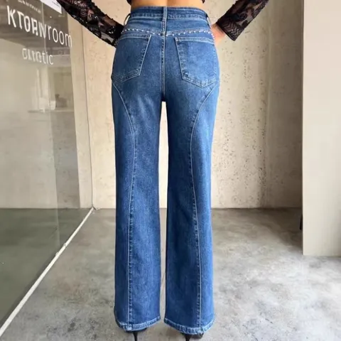 Women High Waist Wide Leg Jeans Rhinestone Rivet Denim Pants Straight Casual Loose Long Trousers Patchwork Washed Bottom