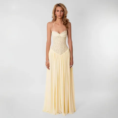 Lace Fishbone Halter Neck Pleated Maxi Dress Women Elegant Backless Off-Shoulder Evening Banquet Party A-Line Long Dress