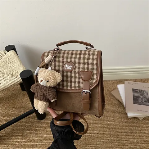 Korean Style Plaid Patchwork Backpack For Women Retro PU Leather Small Lightweight Rucksack Travel School Bag With Teddy Bear Charm