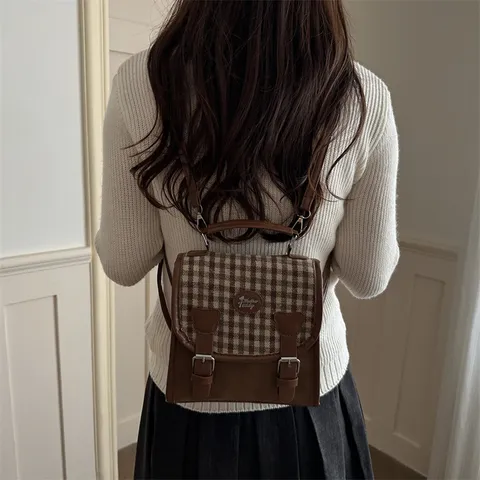 Korean Style Plaid Patchwork Backpack For Women Retro PU Leather Small Lightweight Rucksack Travel School Bag With Teddy Bear Charm