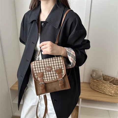 Retro Women Small Check Backpack PU Leather Patchwork Fashion School Bag With Removable Teddy Bear Charm Brown Crossbody Handbag