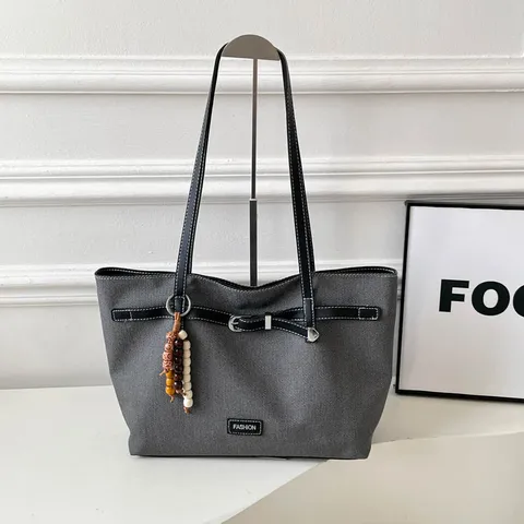 Bolso Tote de Gran Capacidad para Mujer Estilo Coreano Lona Cuero Sintético Bolso de Hombro Casual con Adorno de Cuentas