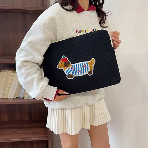 Retro Corduroy Laptop Sleeve Cute Dachshund Embroidery Zipper Protective Bag For Notebook Tablet Inner Pouch Travel Storage Bag