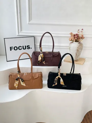 Γυναικεία Vintage Τσάντα Tote από Καστόρι Μεγάλη Χωρητικότητα Τσάντα Ώμου Με Σατέν Μαντήλι Ματ Υφή Τσάντα Boston