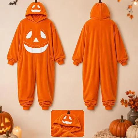 Adult Halloween Pumpkin Hooded Onesie Pajamas Plush Orange Coral Fleece Sleepwear Costume For Women Men Party Jumpsuit