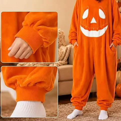 Adult Halloween Pumpkin Hooded Onesie Pajamas Plush Orange Coral Fleece Sleepwear Costume For Women Men Party Jumpsuit