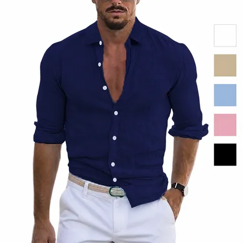 Men Summer Cotton Linen Style Shirt Lapel Beach Long Sleeve Solid Color Hawaii Holiday Loose Casual Button Down Shirt Top