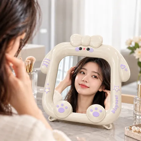 Lindo Espejo de Maquillaje de Escritorio de Muñeca de Hierba Decoración de Brote ABS Plegable Portátil Espejo de Pie de una Sola Cara Para Dormitorio de Estudiantes Hogar