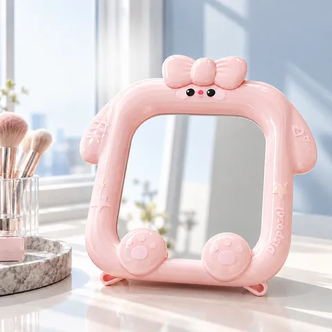 Lindo Espejo de Maquillaje de Escritorio de Muñeca de Hierba Decoración de Brote ABS Plegable Portátil Espejo de Pie de una Sola Cara Para Dormitorio de Estudiantes Hogar