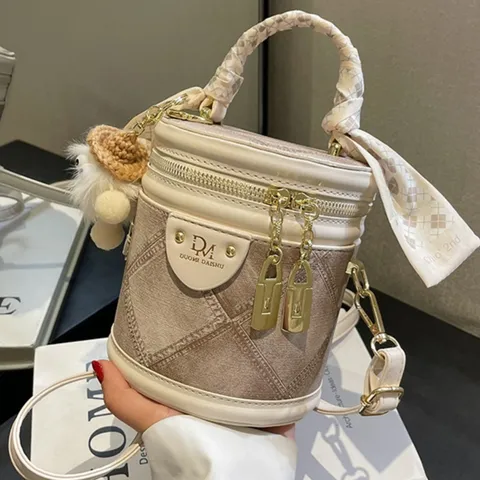 Fashion Rhombus Quilting Bucket Bag Denim Texture PU Leather Handbag With Satin Scarf Handle And Plush Charm For Women