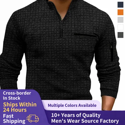 Men's Long Sleeve Waffle Check Polo Shirt Quarter Zip Stand Collar Casual Golf Polo Top with Arm Zipper Pocket