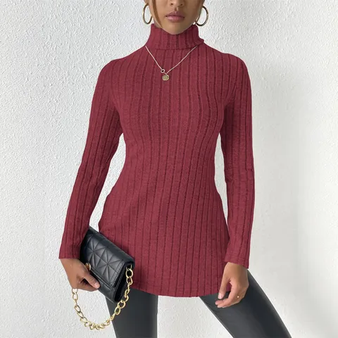 Pull Col Roulé Ajusté pour Femmes Tricot Nervuré Manches Longues Fendu sur le Côté Pull-over Long Vêtement en Tricot Chaud