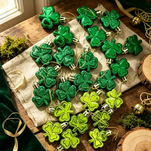 St Patricks Day Clover Shamrock Gold Coin Hanging Ornaments Plastic Green Shiny Glitter Pendent For Party Decorations Home Festival Decor Accessory