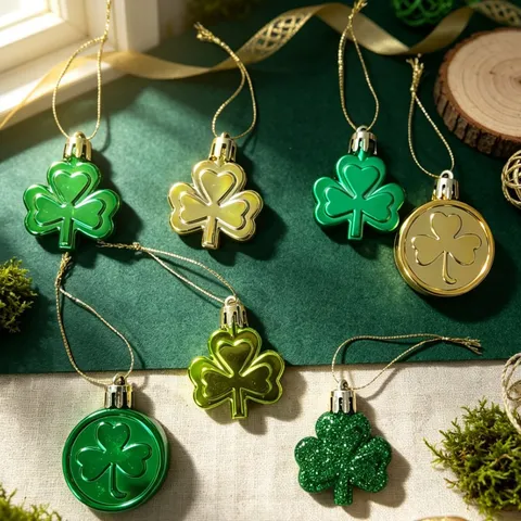 St Patricks Day Clover Shamrock Gold Coin Hanging Ornaments Plastic Green Shiny Glitter Pendent For Party Decorations Home Festival Decor Accessory