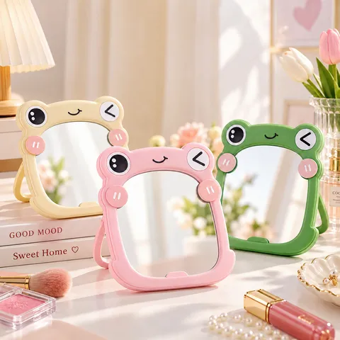 Cartoon Frog Plastic Makeup Mirror Creative Student Dorm Bathroom Foldable Wall Mounted Desktop High Definition Silver Mirror