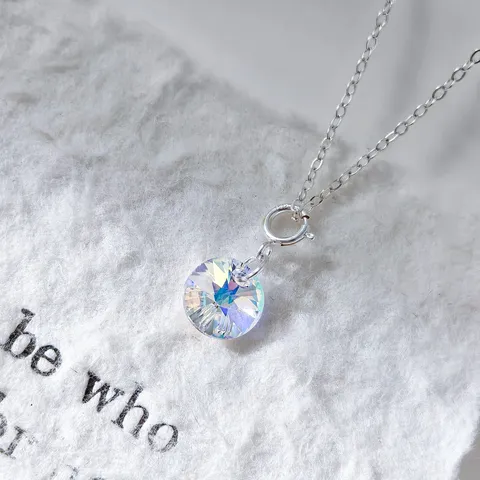 925 Sterling Silver Iridescent Crystal Pendant Only Minimalist Dainty Aurora Borealis Round Charm Jewelry For Women Gift