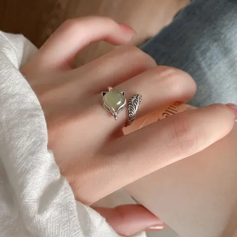 S925 Sterling Silver Fox Ring With Natural Green Hetian Jade Retro Thai Silver Adjustable Open Ring For Women Vintage Jewelry