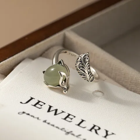S925 Sterling Silver Fox Ring With Natural Green Hetian Jade Retro Thai Silver Adjustable Open Ring For Women Vintage Jewelry