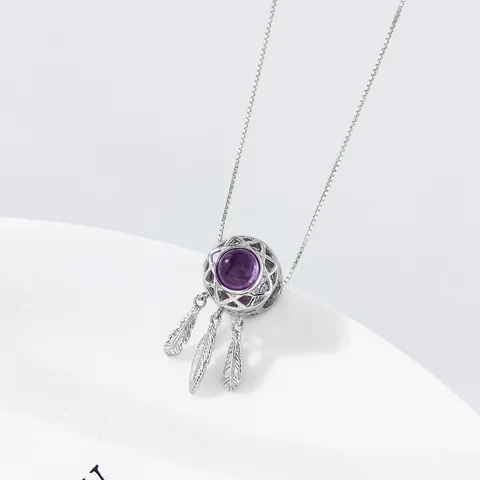 925 Sterling Silver Dreamcatcher Pendant Purple Amethyst Round Hollow Feather Tassel Dream Catcher Charm Jewelry Gift For Women