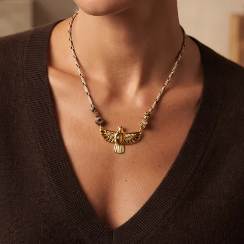 Stainless Steel Eagle Pendant Tiger Eye Stone Long Necklace Braided Rope European Vintage Jewelry For Women