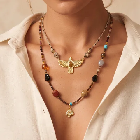 Stainless Steel Eagle Pendant Tiger Eye Stone Long Necklace Braided Rope European Vintage Jewelry For Women
