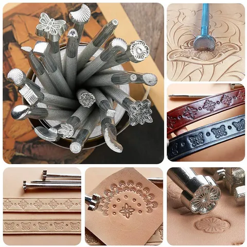 Set di Strumenti per Intaglio e Timbratura della Pelle Metallo Pelletteria Punzone Kit Fai da Te per Pelletteria