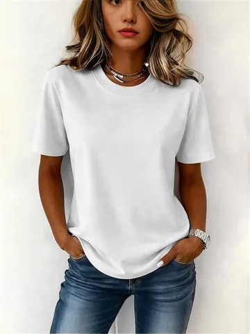 Camiseta de Mezcla de 100% Algodón Casual para Mujer Punto Cuello Redondo Manga Corta Color Sólido Básico Moda de Verano Ajuste Regular
