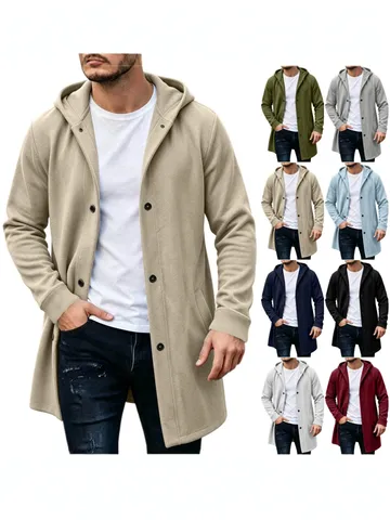 Men's Casual Long Hooded Hoodie Jacket Solid Color Cardigan Fleece Warm Outerwear Autumn Winter Polyester Men Clothing