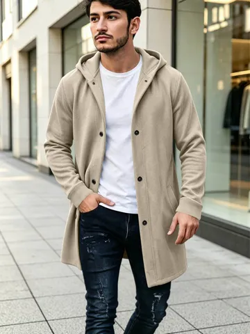 Men's Casual Long Hooded Hoodie Jacket Solid Color Cardigan Fleece Warm Outerwear Autumn Winter Polyester Men Clothing