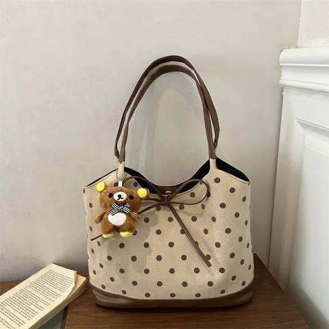Bolso Tote Vintage de Lunares para Mujer Gran Capacidad Bolso de Hombro de Gamuza Sintética Estilo Coreano Bolso Axilar con Lazo y Colgante de Oso