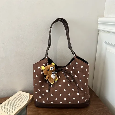 Bolso Tote Vintage de Lunares para Mujer Gran Capacidad Bolso de Hombro de Gamuza Sintética Estilo Coreano Bolso Axilar con Lazo y Colgante de Oso