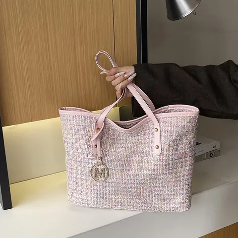 Dames Elegante Tweed Tote Bag Grote Capaciteit Mode Ruit Schoudertas Stijlvolle Geweven Woon-werkverkeer Schoudertas
