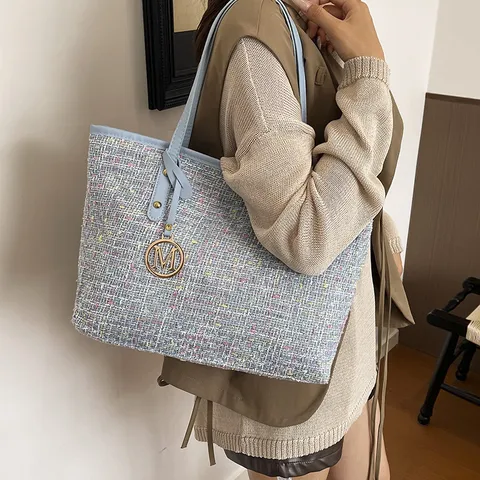 Dames Elegante Tweed Tote Bag Grote Capaciteit Mode Ruit Schoudertas Stijlvolle Geweven Woon-werkverkeer Schoudertas
