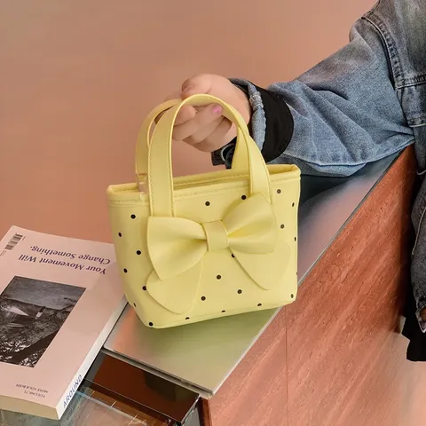 Kids Polka Dot Bow Handbag Small Crossbody Bag For Girls Sweet Fashion PU Leather Shoulder Bag Casual Handheld Tote Bag