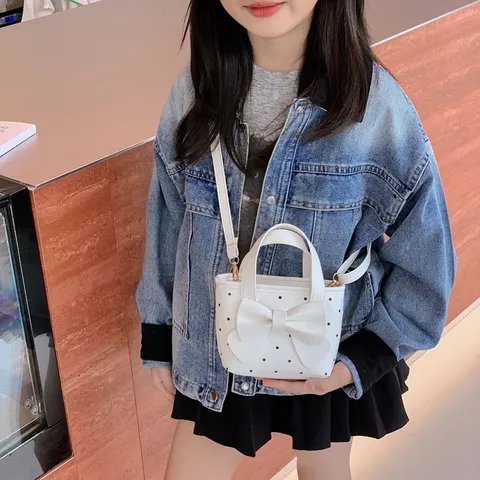 Kids Polka Dot Bow Handbag Small Crossbody Bag For Girls Sweet Fashion PU Leather Shoulder Bag Casual Handheld Tote Bag
