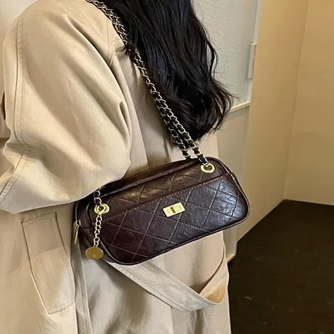 Luxury Quilted Rhombic Pattern Women Camera Bag Vintage PU Leather Shoulder Underarm Bag With Metal Chain Strap Crossbody Bag