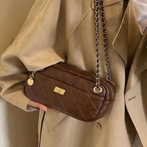 Luxury Quilted Rhombic Pattern Women Camera Bag Vintage PU Leather Shoulder Underarm Bag With Metal Chain Strap Crossbody Bag