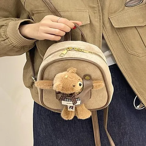 Women Fashion Mini Suede Backpack With Cute Teddy Bear Charm Casual Commute Small Rucksack Adjustable Shoulder Bag For Girls Youth Travel Bag
