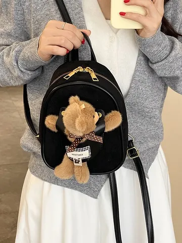 Women Fashion Mini Suede Backpack With Cute Teddy Bear Charm Casual Commute Small Rucksack Adjustable Shoulder Bag For Girls Youth Travel Bag