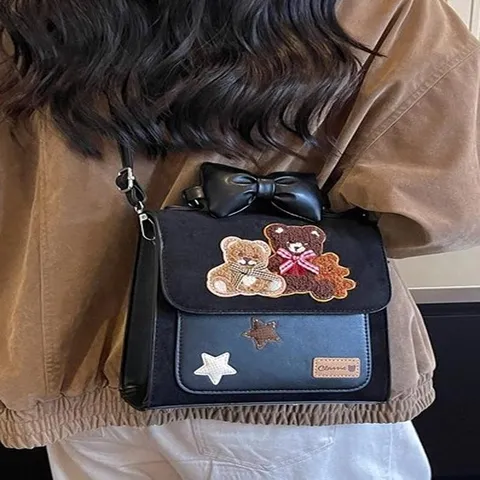 Zaino in Ecopelle e Camoscio Patchwork con Orsetto Zainetto alla Moda Girly con Stelle Borsa a Tracolla a Due Vie per Donna e Ragazza