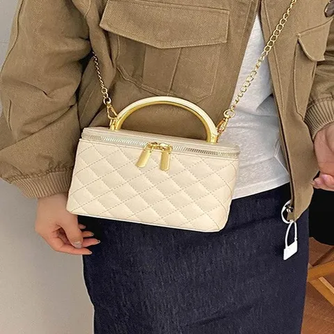 Elegant Diamond Lattice PU Leather Handbag Women Small Square Vanity Case Gold Metal Handle Chain Strap Cosmetic Bag