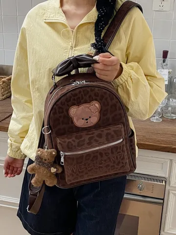 Mode Luipaardprint Dames Rugzak Schattige Beer Borduurwerk PU Pluche Schooltas Voor Tienermeisjes Casual Reizen Dagelijkse Forens Rugzak