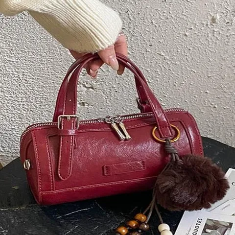 Women Retro PU Leather Boston Bag Minimalist Pillow Shape Handbag Small Crossbody Shoulder Bag With Fur Ball Pendant Wood Bead Tassel