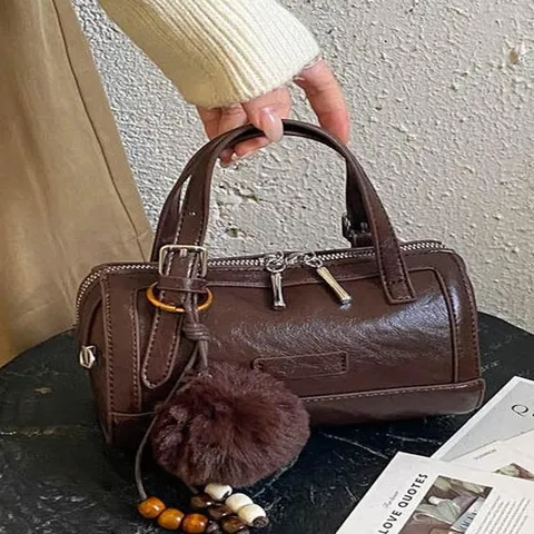 Women Retro PU Leather Boston Bag Minimalist Pillow Shape Handbag Small Crossbody Shoulder Bag With Fur Ball Pendant Wood Bead Tassel