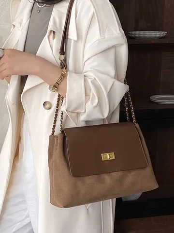 Women Fashion PU Suede Patchwork Diamond Lattice Baguette Bag Niche Lock Chain Underarm Bag Vintage Shoulder Crossbody Bag
