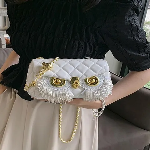 Women Owl Quilted Crossbody Bag PU Leather Chain Shoulder Bag Tassel Artificial Pearl Rhinestone Decor Evening Clutch Purse