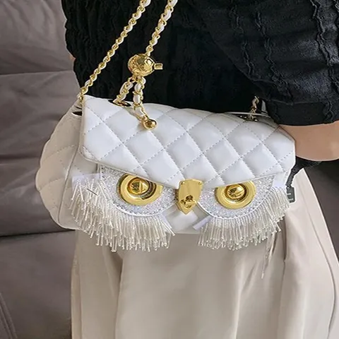 Women Owl Quilted Crossbody Bag PU Leather Chain Shoulder Bag Tassel Artificial Pearl Rhinestone Decor Evening Clutch Purse