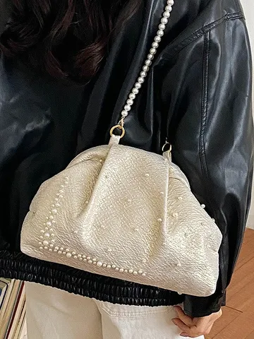 Bolso de Noche Plisado Nube para Mujer Con Correa de Cadena de Perlas Artificiales Bolso de Mano de Tela Bandolera para Banquete